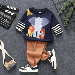 2pcs Toddler Boy Childlike Faux Layered Elephant Long-sleeve Top and Pants Set - Dark Blue / 5-6 Years