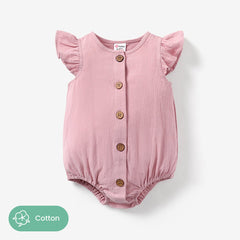 100% Cotton Baby Girl Solid Flutter-sleeve Button Up Romper - Pink, 9-12 Months