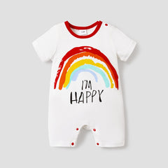 100% Cotton Letter and Rainbow Print Short-sleeve White Baby Romper - White, 18-24 Months