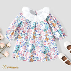 100% Cotton Medium Thickness Long Sleeves Elegant Baby Girl Dress with Puff Sleeves and Floral Pattern - Multi, 9-12 Months