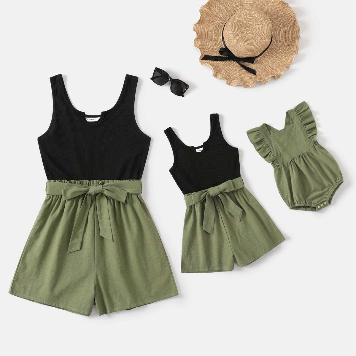 100% Cotton Ribbed and Solid Splicing Sleeveless Belted Romper for Mom and Me - Green, S