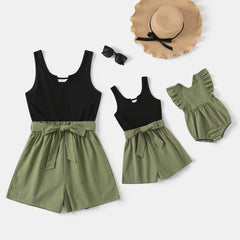 100% Cotton Ribbed and Solid Splicing Sleeveless Belted Romper for Mom and Me - Green, S