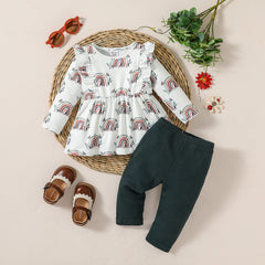 2pcs Baby Girl Allover Rainbow Print Ruffle Long-sleeve Top and Ribbed Solid Pants Set - 6-9 Months, Dark Green