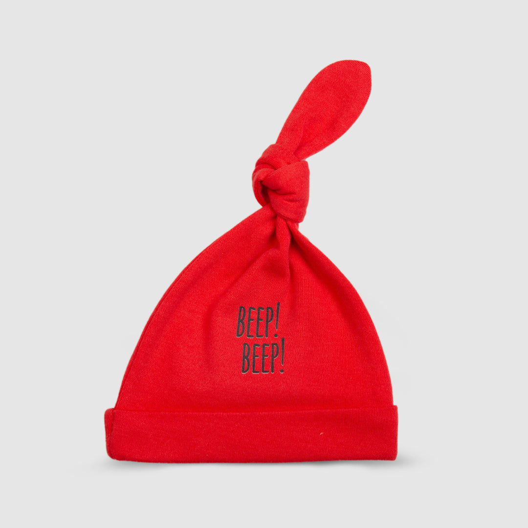 Red Knotted Baby Hat   'Beep! Beep!' - Red, 0-3 Months