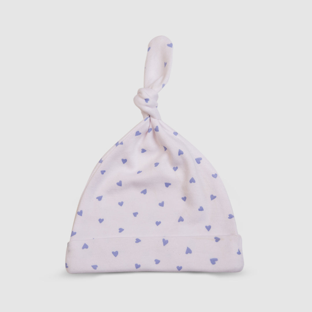 White Baby Hat with Purple Hearts - White, 0-3 Months