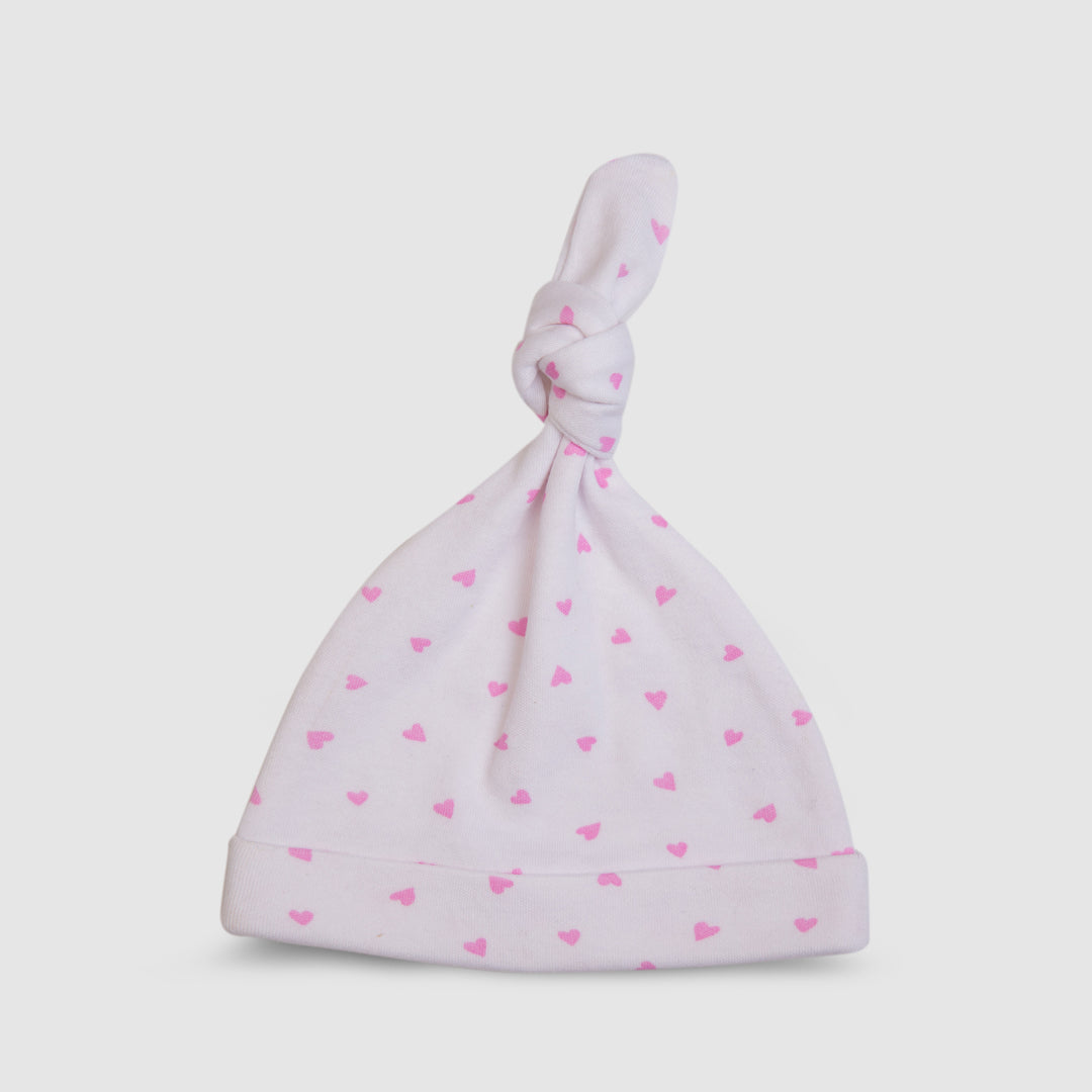 White Baby Hat with Pink Hearts - White, 0-3 Months