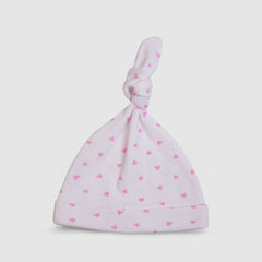 White Baby Hat with Pink Hearts - White, 0-3 Months