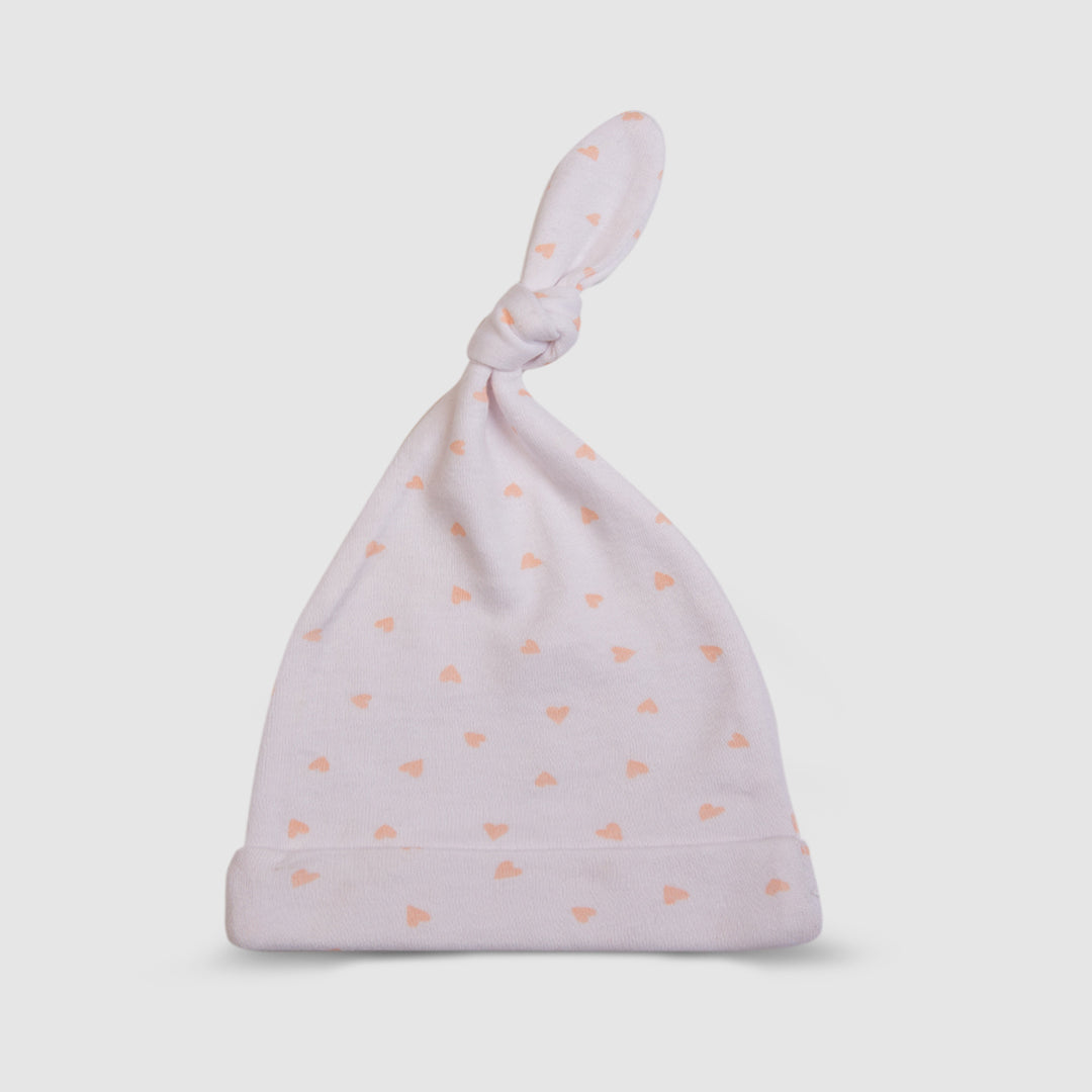 White Baby Hat with Peach Hearts - White, 0-3 Months