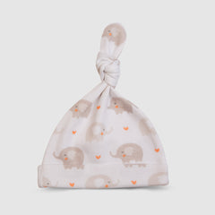 White Baby Hat with Elephant Print - White, 0-3 Months