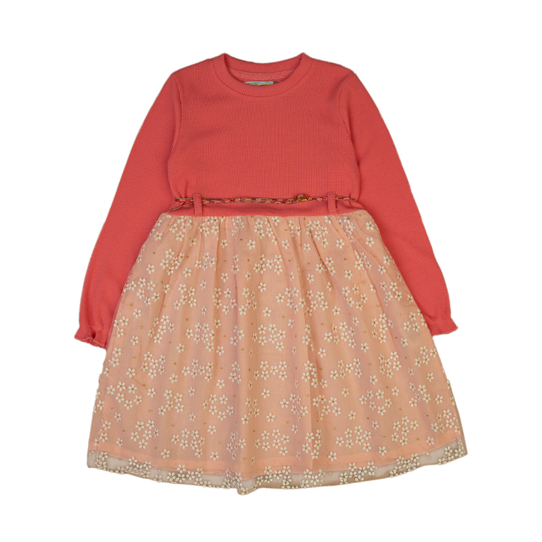 Coral and Floral Long Sleeve Dress - Coral, 5-6 Years