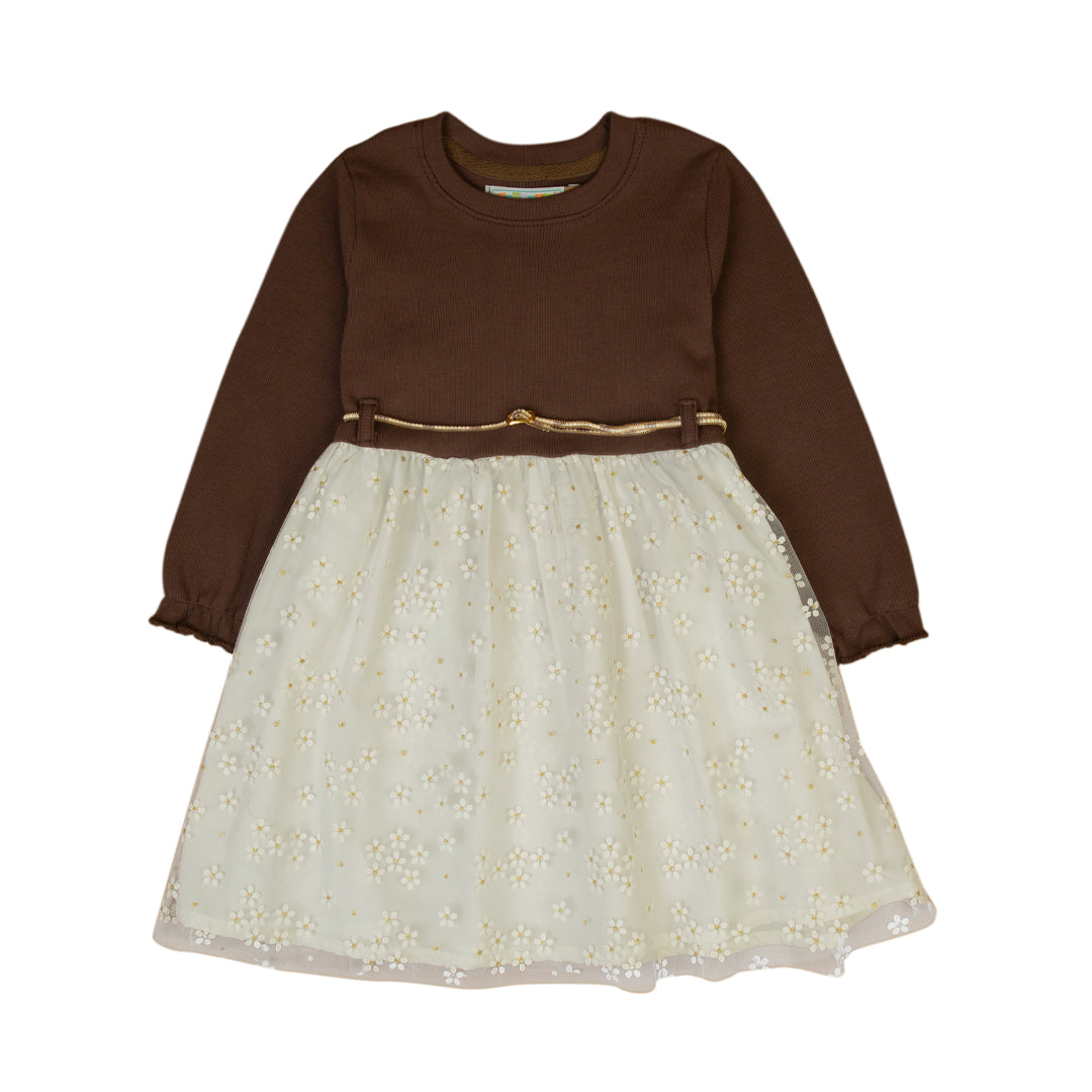 Brown and Cream Floral Long Sleeve Dress - Brown, 5-6 Years
