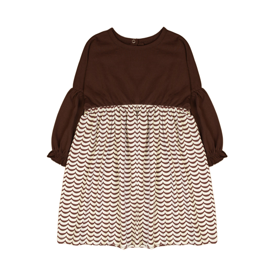 Brown and Wavy Long Sleeve Dress - Brown, 7-8 Years