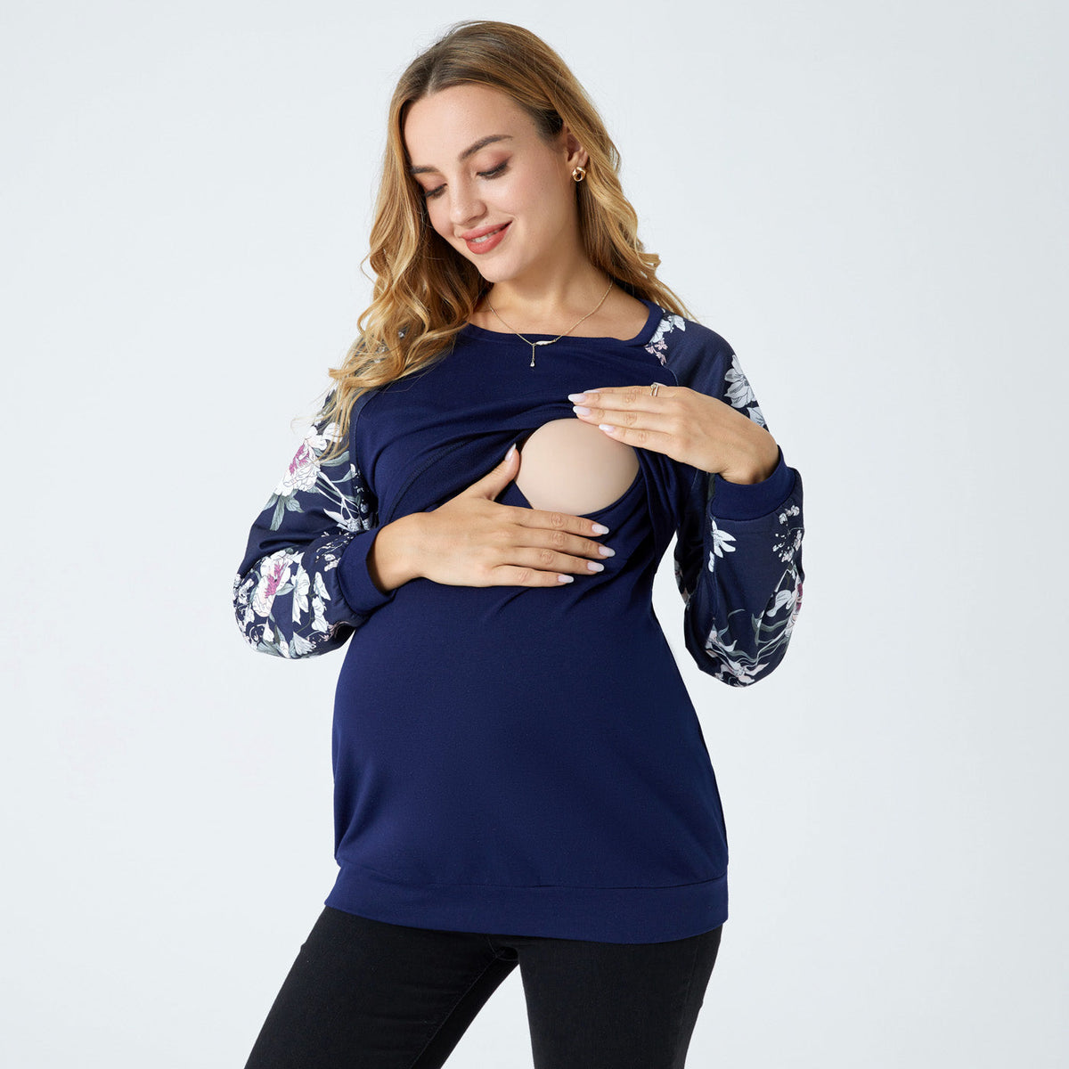 Nursing Floral Print Splice Round-collar Long-sleeve Pullover - Dark Blue, M