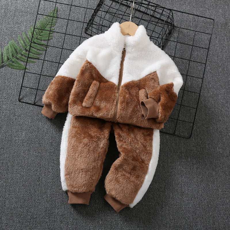 2pcs Toddler Boy Trendy Colorblock Fleece Jacket and Pants Set - Flash Delivery - Brown/White / 18-24 Months