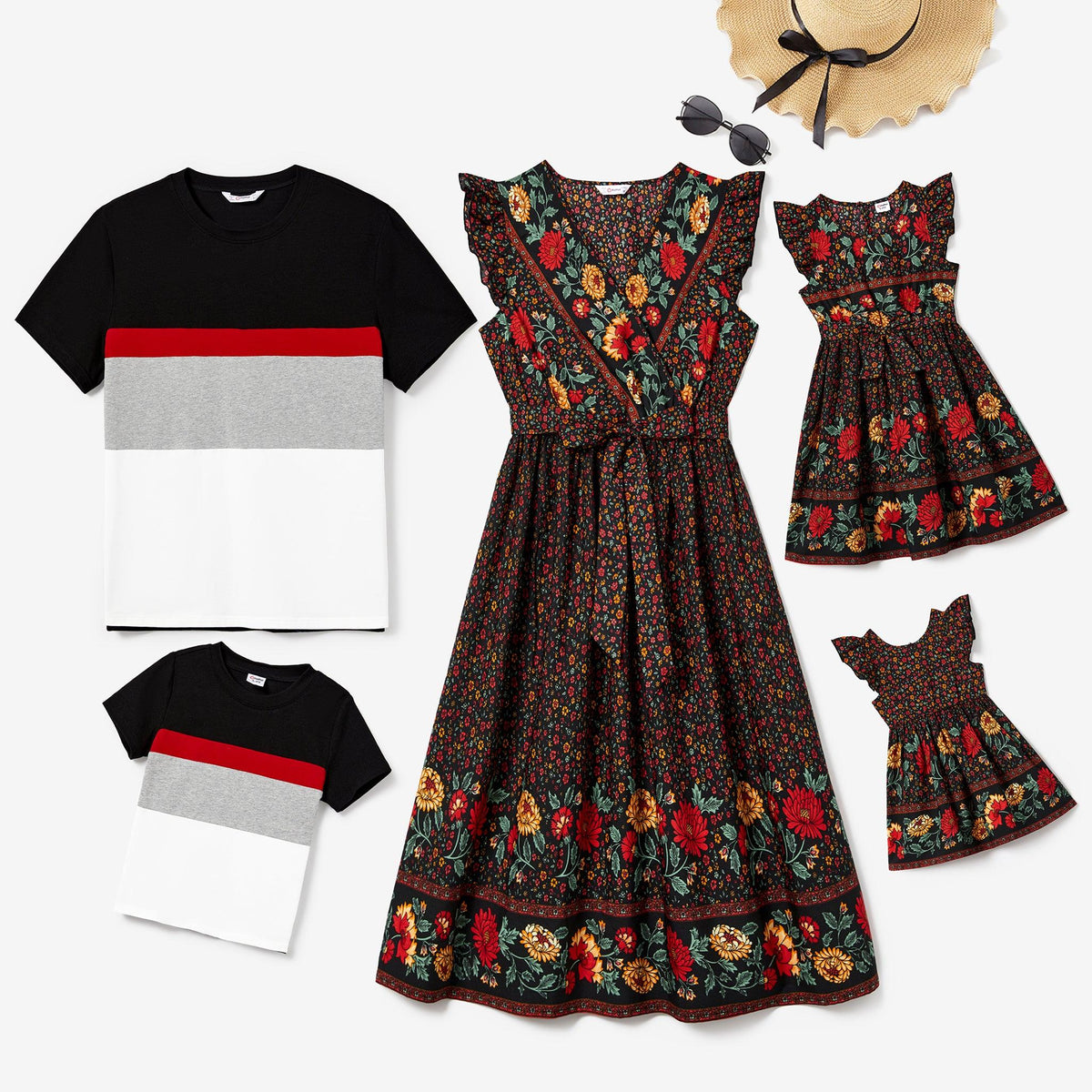 Family Matching Colorblock T-shirt and Floral Wrap Front V-neck Tiered Sleeveless Dress Set - Black, 3-4 Years