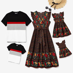 Family Matching Colorblock T-shirt and Floral Wrap Front V-neck Tiered Sleeveless Dress Set - Black, 3-4 Years