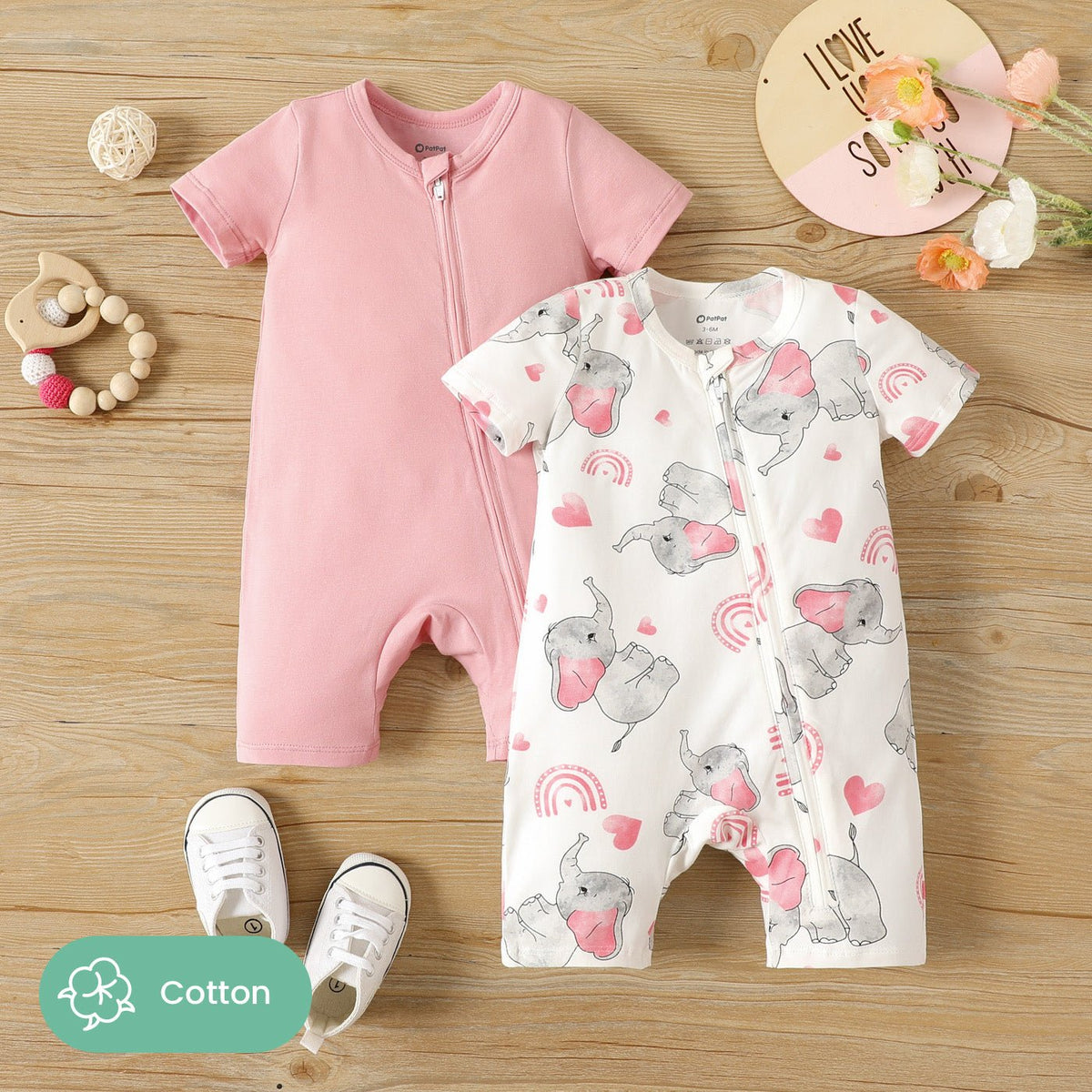 2-Pack Naia Baby Girl Cotton Elephant Print/Pink Zipper Design Short-sleeve Rompers - Pink, 6-9 Months