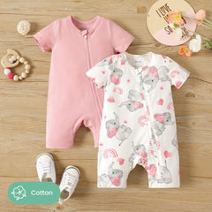 2-Pack Naia Baby Girl Cotton Elephant Print/Pink Zipper Design Short-sleeve Rompers - Pink, 9-12 Months