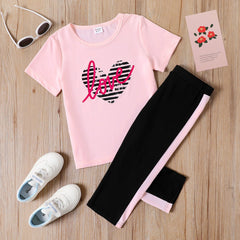 2-piece Kid Girl Letter Heart Print Pink Tee and Colorblock Capri Pants Set - Pink, 5-6 Years