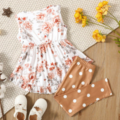 2-piece Toddler Girl Floral Print Bowknot Design Ruffled High Low Sleeveless Tee and Polka dots Pants Set - Pink, 1-2 Years