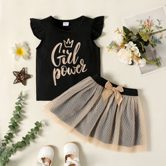 2-piece Toddler Girl Letter Print Flutter-sleeve Black Tee and Bowknot Design Mesh Skirt Set - Black, 5-6 Years