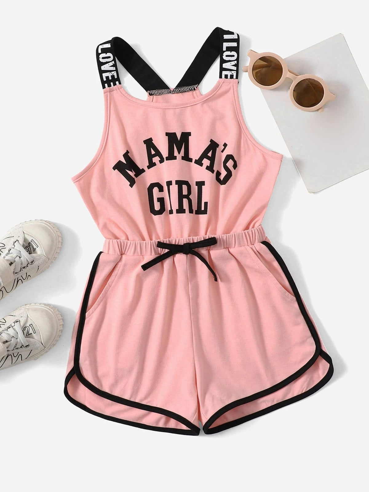 Letter Graphic Bow Cami Romper - 11-12 Years, Pink