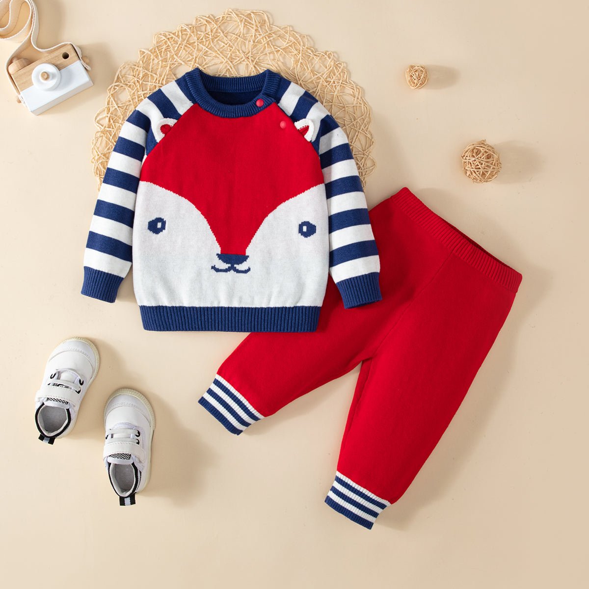 2pcs Baby Boy 100% Cotton Fox Graphic Stripe Long-sleeve Sweater and Pants Set - Multi, 9-12 Months