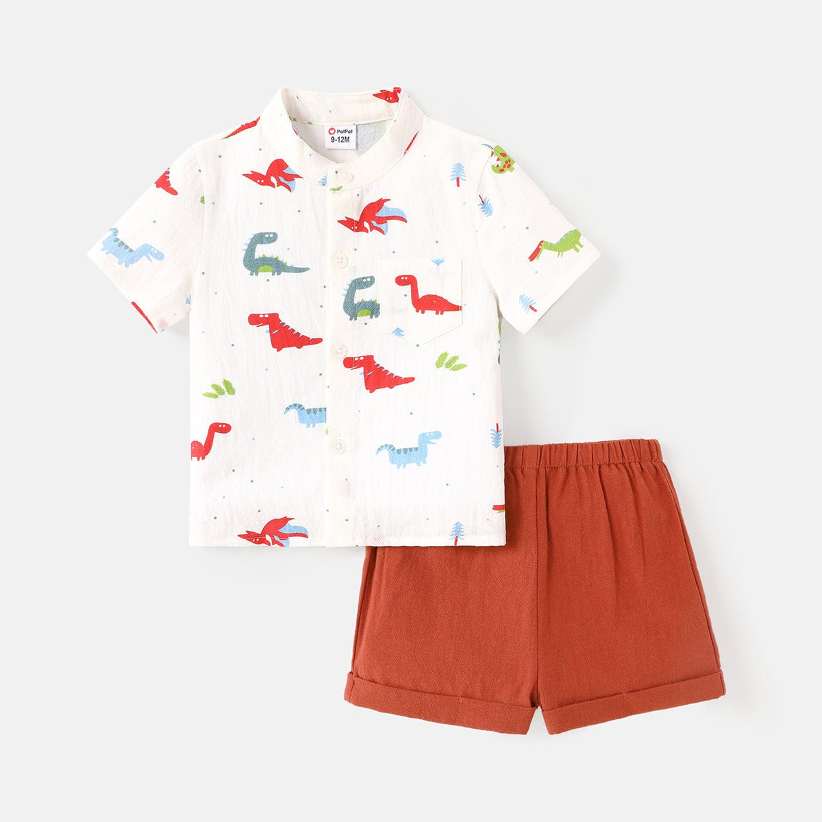 2pcs Baby Boy 100% Cotton Short-sleeve Allover Dinosaur Print Shirt and Solid Shorts Set - Light Blue, 6-9 Months