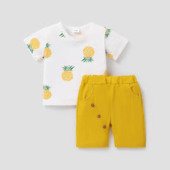 2pcs Baby Boy 95% Cotton Short-sleeve Pineapple Print Tee and Solid Shorts Set - Dark Green, 18-24 Months