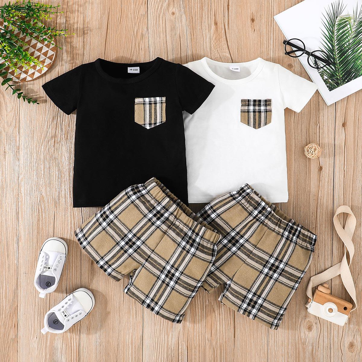 2pcs Baby Boy 95% Cotton Short-sleeve Tee and Plaid Shorts Set - White, 12-18 Months