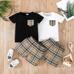 2pcs Baby Boy 95% Cotton Short-sleeve Tee and Plaid Shorts Set - White, 12-18 Months