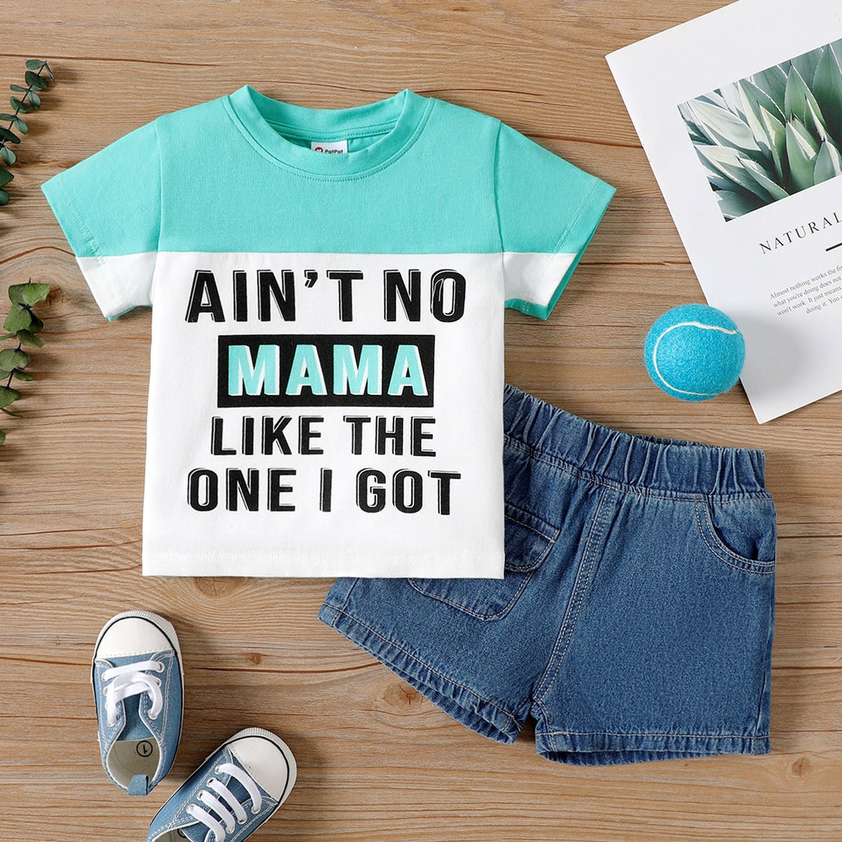 2pcs Baby Boy Cotton Letter Print Colorblock Short-sleeve Tee and Denim Shorts Set - Midnight Blue, 18-24 Months