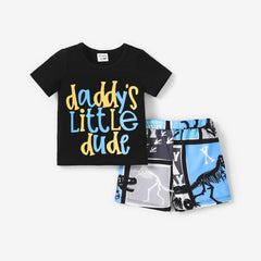 2pcs Baby Boy Cotton Short-sleeve Letter Graphic Tee and Dinosaur Print Shorts Set - Black, 0-3 Months