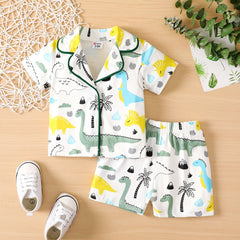 2pcs Baby Boy Dinosaur Letter Print Short-sleeve Shirt and Shorts Set - Green, 6-9 Months