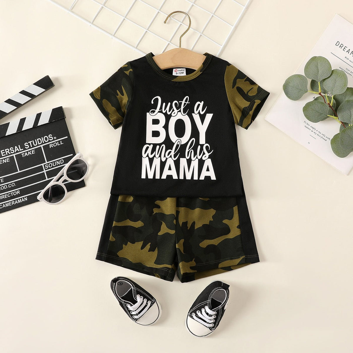 2pcs Baby Boy Letter Print Camouflage Short-sleeve Tee and Camouflage Shorts Set - Green, 9-12 Months