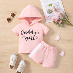 2pcs Baby Boy/Girl Letter Print Hooded Short-sleeve Top & Shorts Set - Pink, 18-24 Months