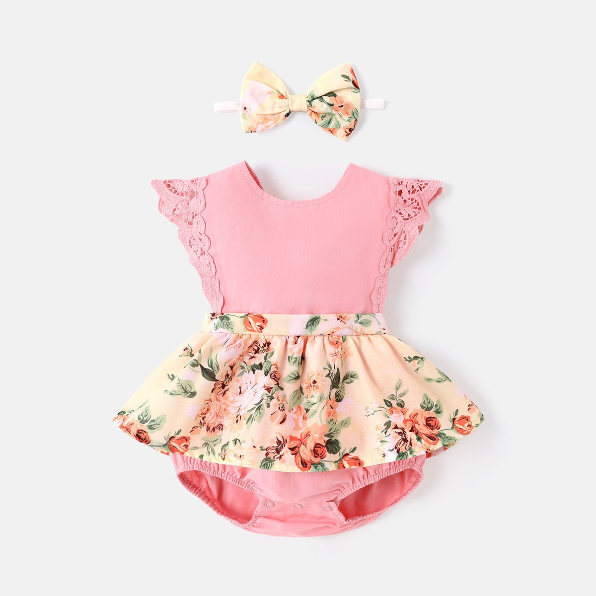 2pcs Baby Girl 100% Cotton Solid & Floral-print Spliced Lace Flutter-sleeve Romper with Headband Set - Pink, 9-12 Months