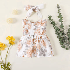 2pcs Baby Girl 100% Cotton Solid/Floral-print Sleeveless Ruffle Button Up Dress with Headband Set - White, 3-6 Months