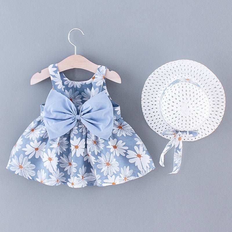 2pcs Baby Girl All Over Daisy Floral Print Bowknot Sleeveless Tank Dress with Hat Set - Blue, 3-6 Months