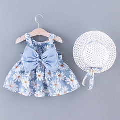2pcs Baby Girl All Over Daisy Floral Print Bowknot Sleeveless Tank Dress with Hat Set - Blue, 3-6 Months