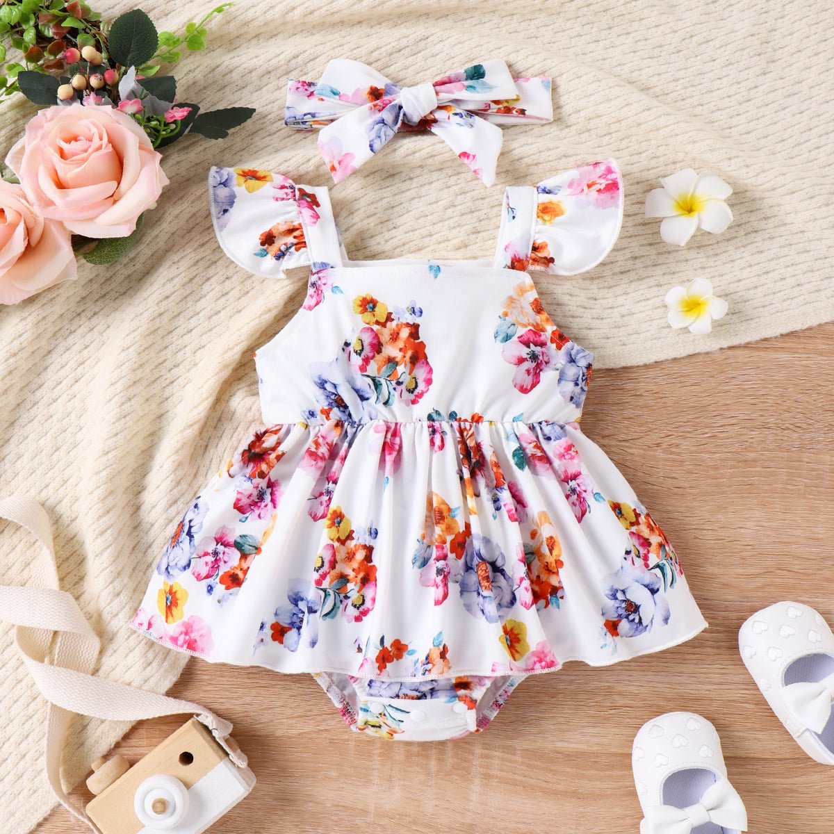2pcs Baby Girl Allover Floral Print Flutter-sleeve Bodysuit with Headband - Multi, 6-9 Months