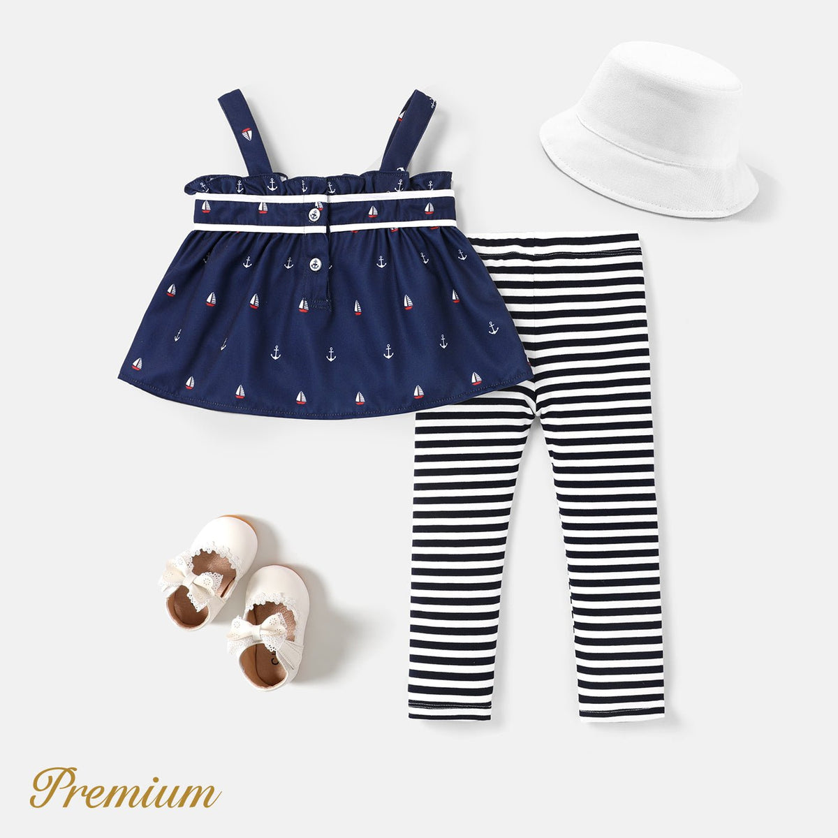 2pcs Baby Girl Anchor Sailboat Print Bow Front Cami Top and Striped Leggings Set - Dark Blue, 5-6 Years
