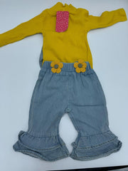 2pcs Baby Girl RibbedDots Turtleneck Long-sleeve Romper and 3D Flowers Denim Bell Bottom Overalls Set - Yellow, 0-3 Months