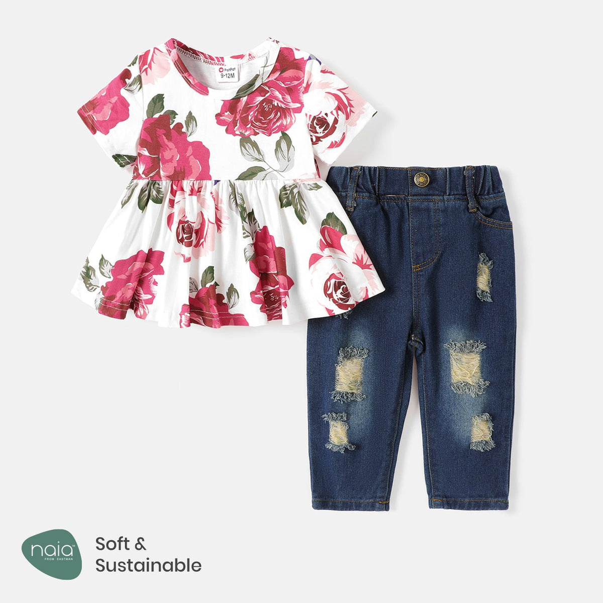 2pcs Baby Girl Short-sleeve Allover Floral Print Naia™ Top and Ripped Denim  Jeans Set - Multi, 12-18 Months