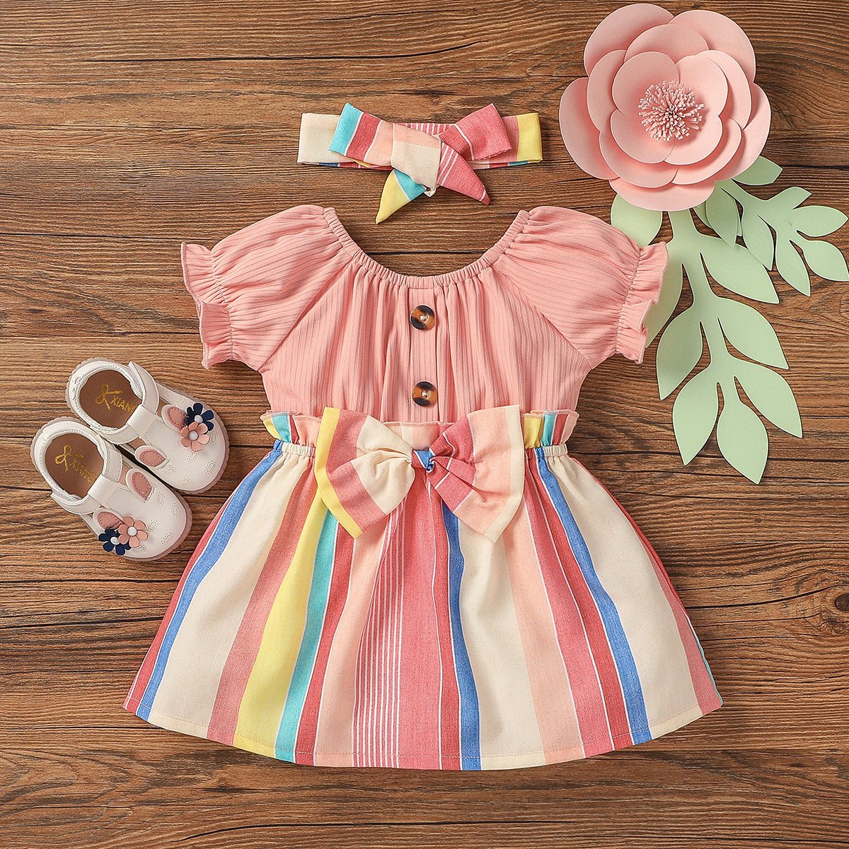 2pcs Baby Girl White Ribbed Splicing Striped Bowknot Frill Puff-sleeve Dress with Headband Set - Pink, 9-12 Months