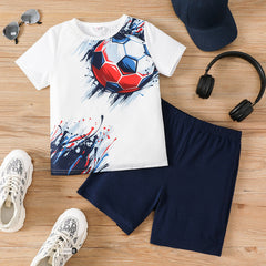 2pcs Kid Boy Balls Print Short-sleeve Tee and Dark Blue Shorts Set - Tibetanblue/white, 7-8 Years