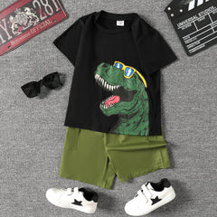 2pcs Kid Boy Dinosaur Print Short-sleeve Tee and Pocket Design Shorts Set - Black, 5-6 Years
