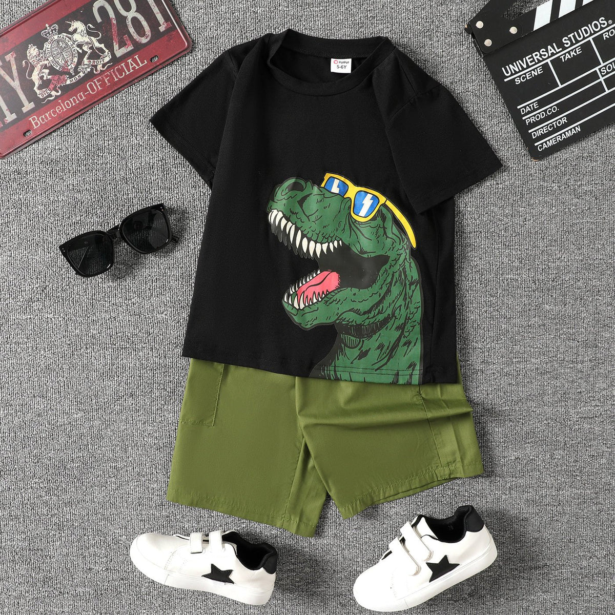 2pcs Kid Boy Dinosaur Print Short-sleeve Tee and Pocket Design Shorts Set - Yellow, 5-6 Years