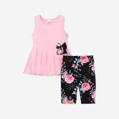 2pcs Kid Girl Bowknot Design Sleeveless Tee and Floral Print Leggings Shorts Set - Pink, 5-6 Years