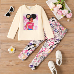 2PCS Kid Girl Fashionable Character Avant-garde Suit - Beige, 11-12 Years